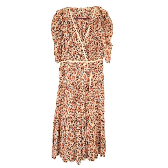 Ulla Johnson Dress Midi Wrap Orange Blue Ruffle Pleated Knit Trim Lisette US 4 - Picture 3 of 13